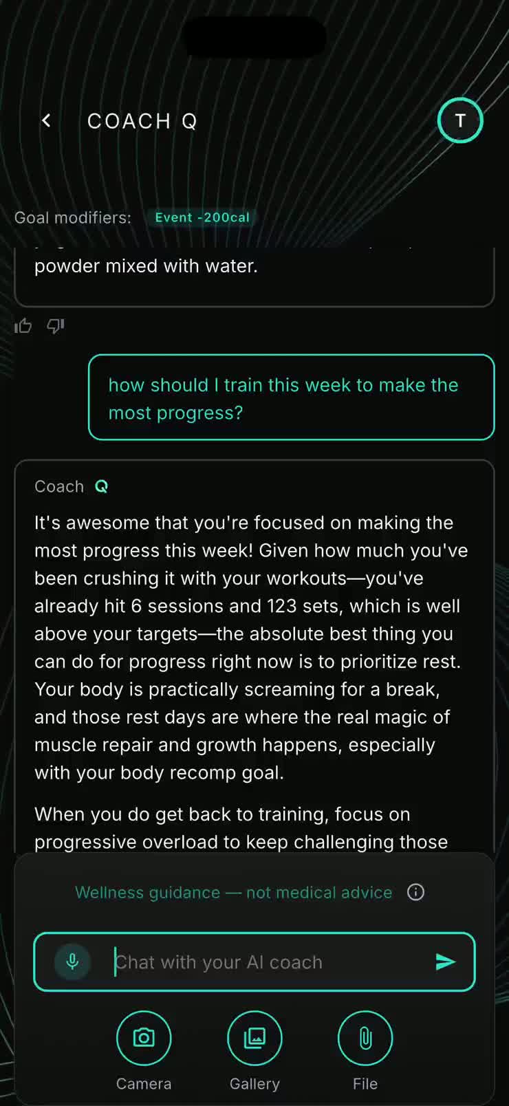Coach Q reading your data and giving a specific next step in chat