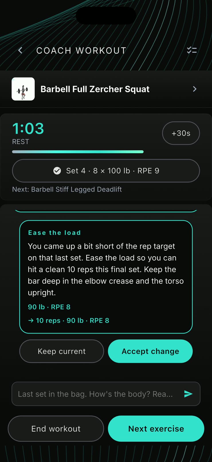 Live Coach Mode during a workout: a rest timer counting down, the last set logged at 8 reps by 100 lb, and Coach Q suggesting an easier load that you accept or decline