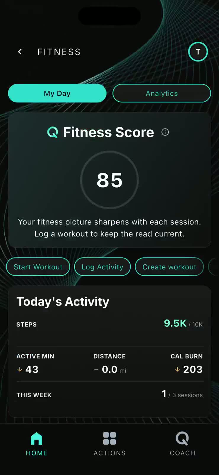 Fitness screen with the Q-Score dial and activity bars filling in