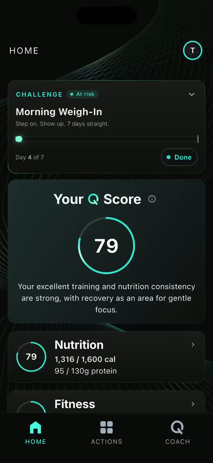 QBod home screen: the Q-Score dial and progress bars filling in