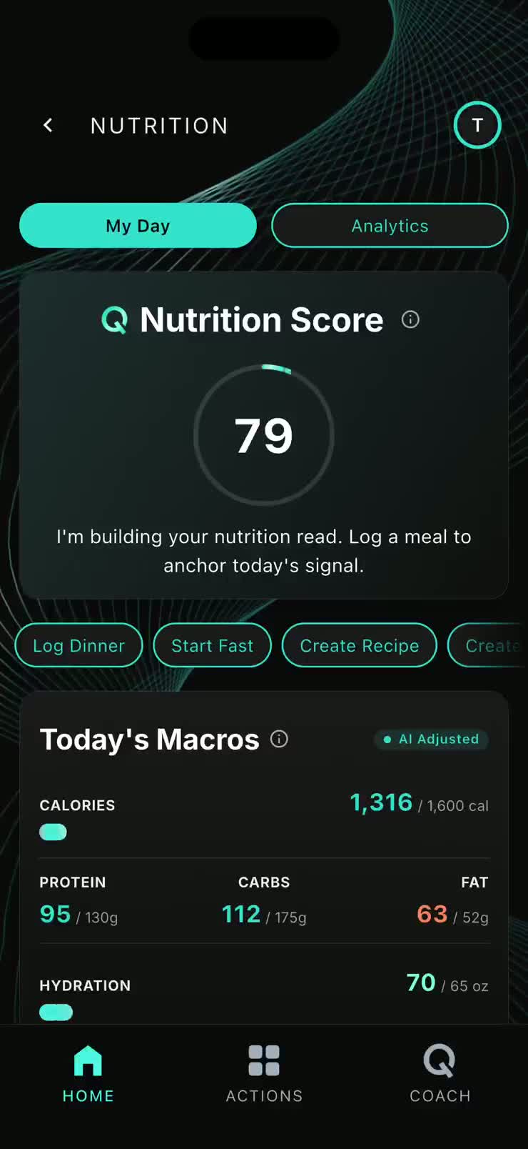 Nutrition screen with the Q-Score dial and macro bars filling in after a meal snap