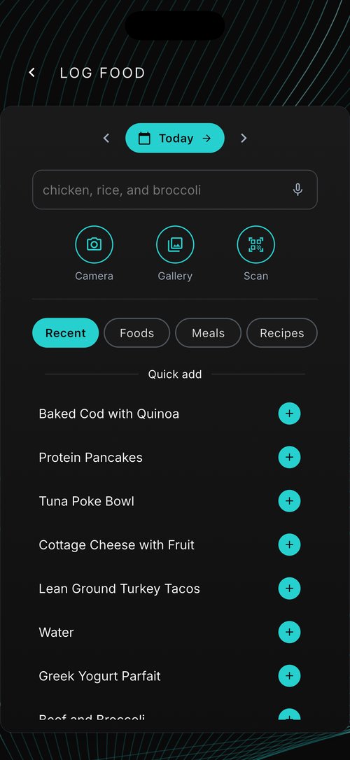 Log food screen with camera, voice, barcode and search