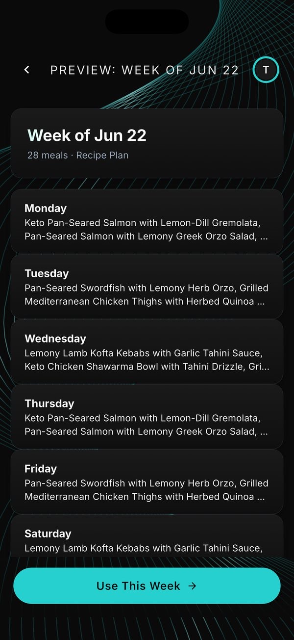 Weekly meal plan preview in QBod