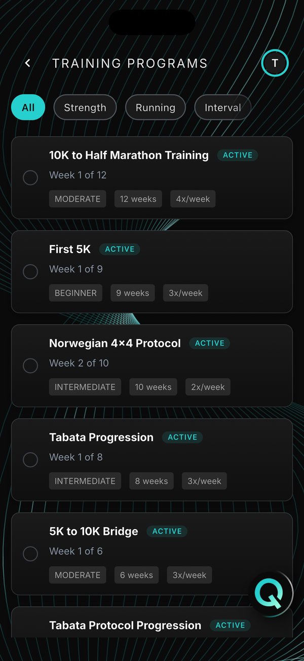 Cardio programs including First 5K and Norwegian 4 by 4