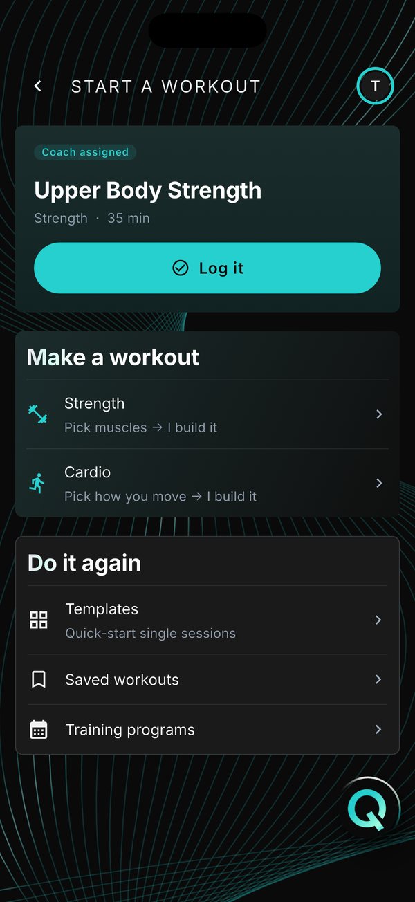 Workout hub with strength, cardio, saved workouts and programs