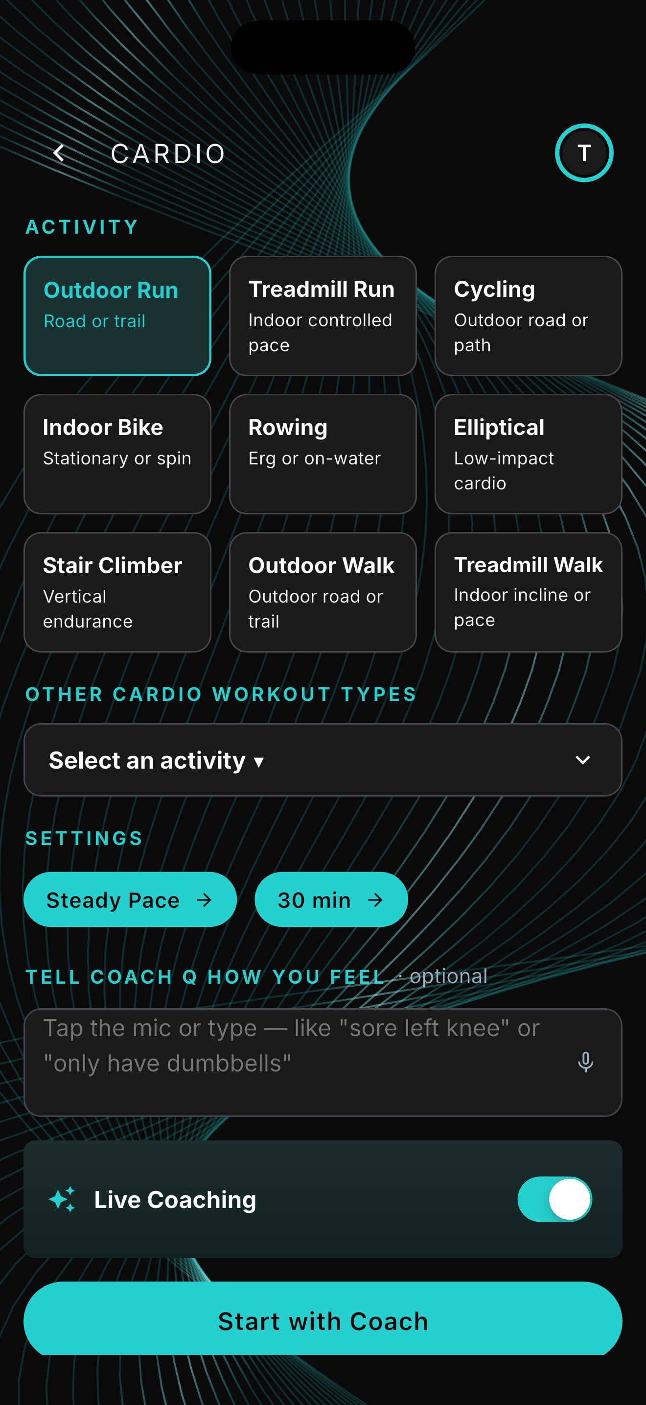 Cardio session picker showing outdoor run, treadmill run, cycling, indoor bike, rowing, elliptical, stair climber, outdoor walk and treadmill walk