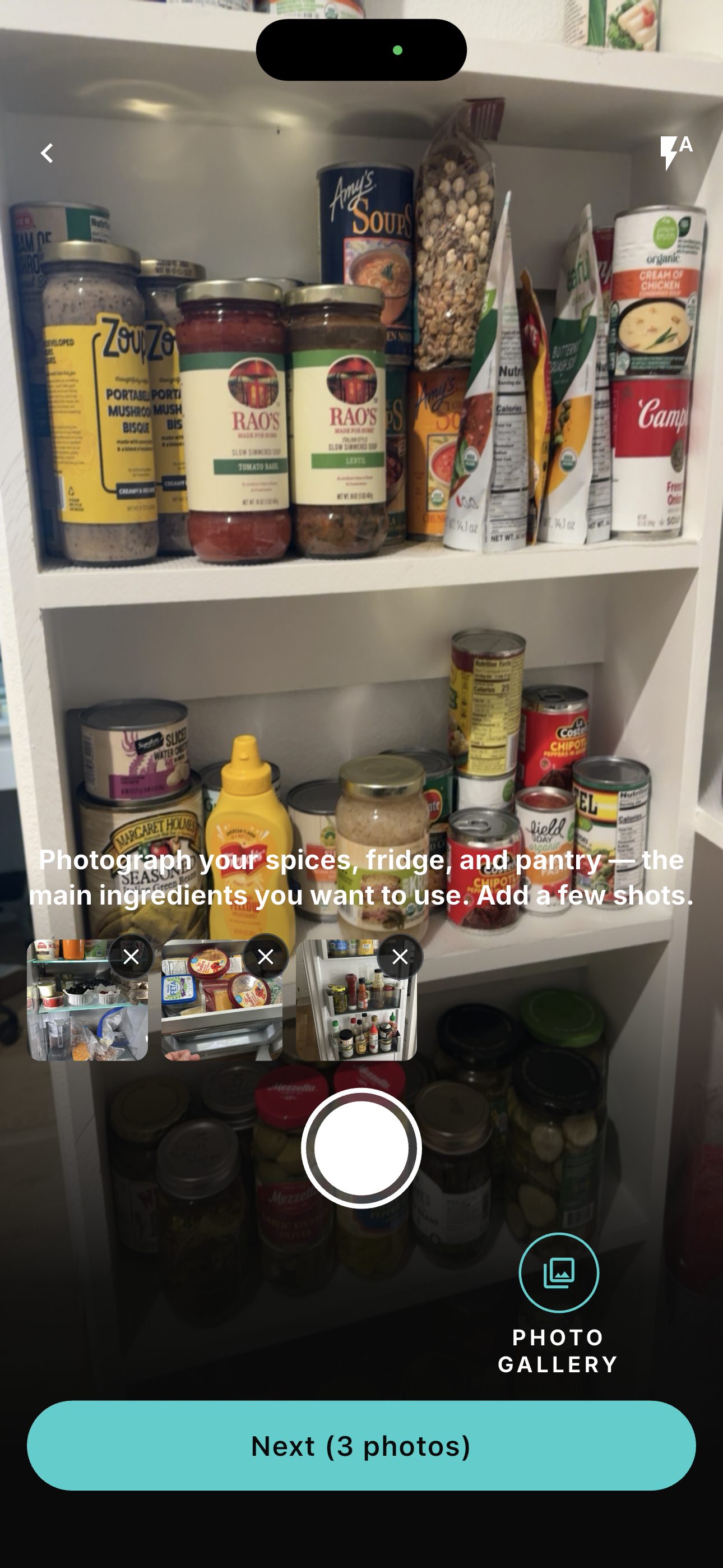 Photographing a pantry shelf so QBod can build meal ideas from the ingredients you already own