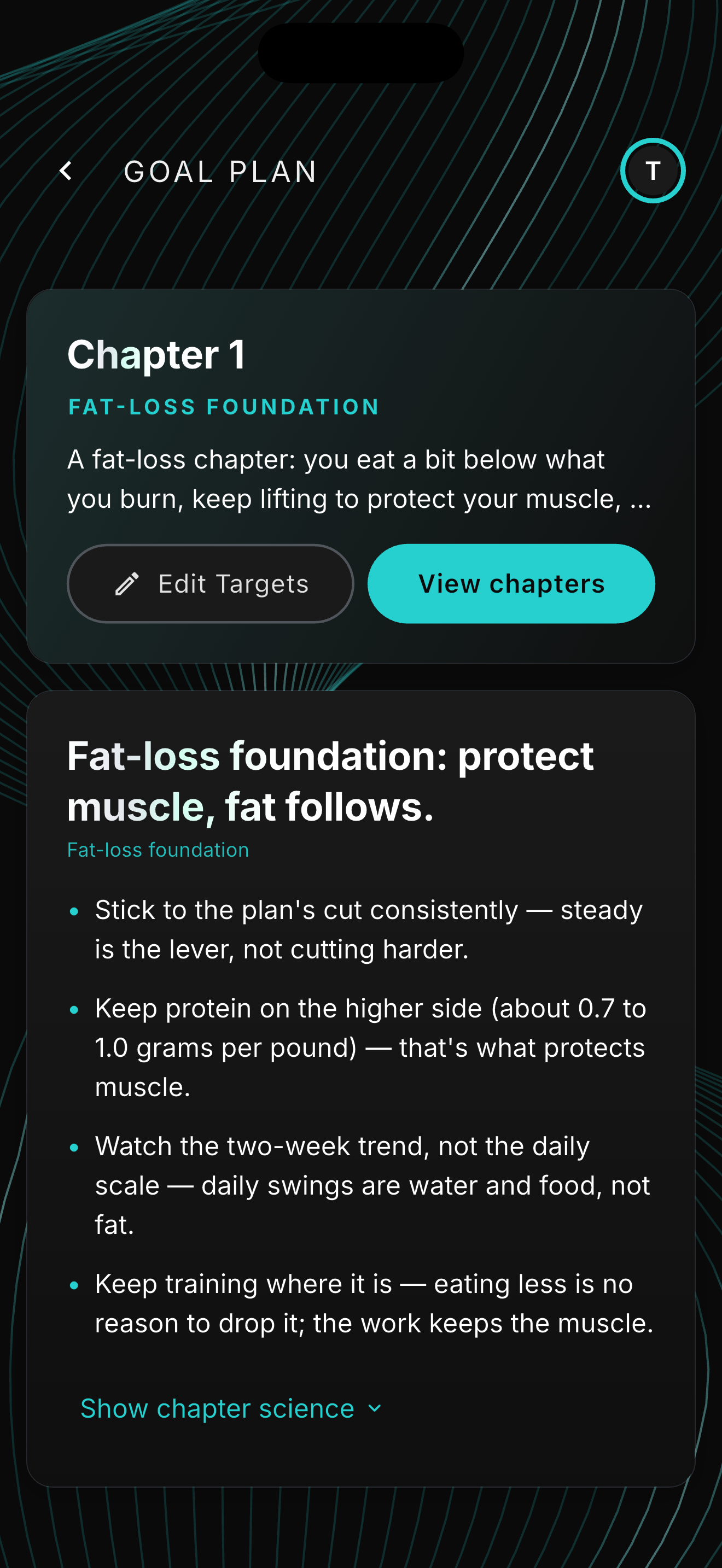A goal plan chapter showing targets that adjust as your body responds
