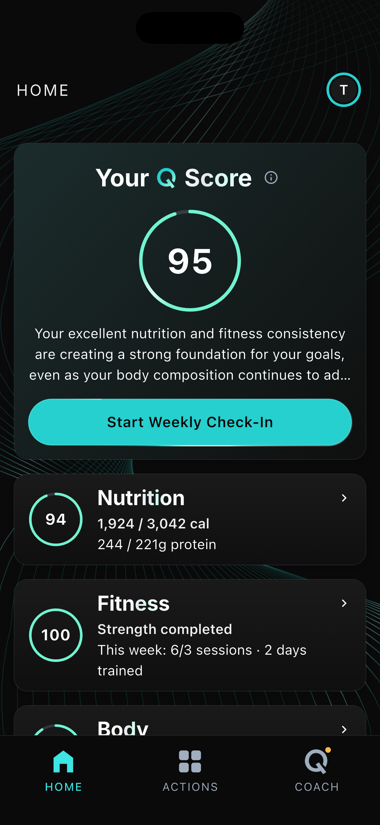 The QBod home screen showing your Q-Score with the nutrition, fitness and body scores driving it