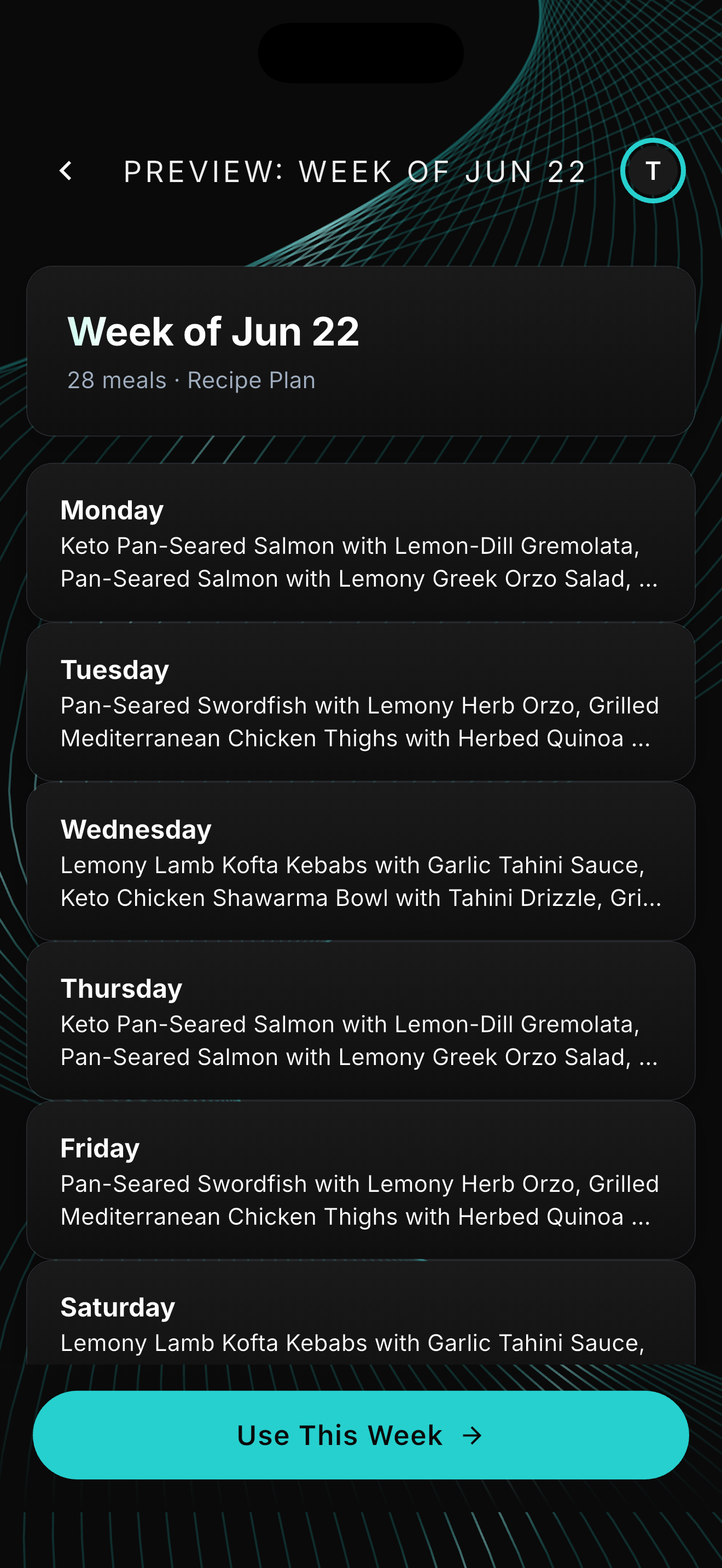 A weekly meal plan preview with meals laid out by day and a button to use the week