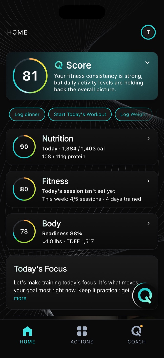 The QBod home screen: your Q-Score with the nutrition, fitness and body scores driving it