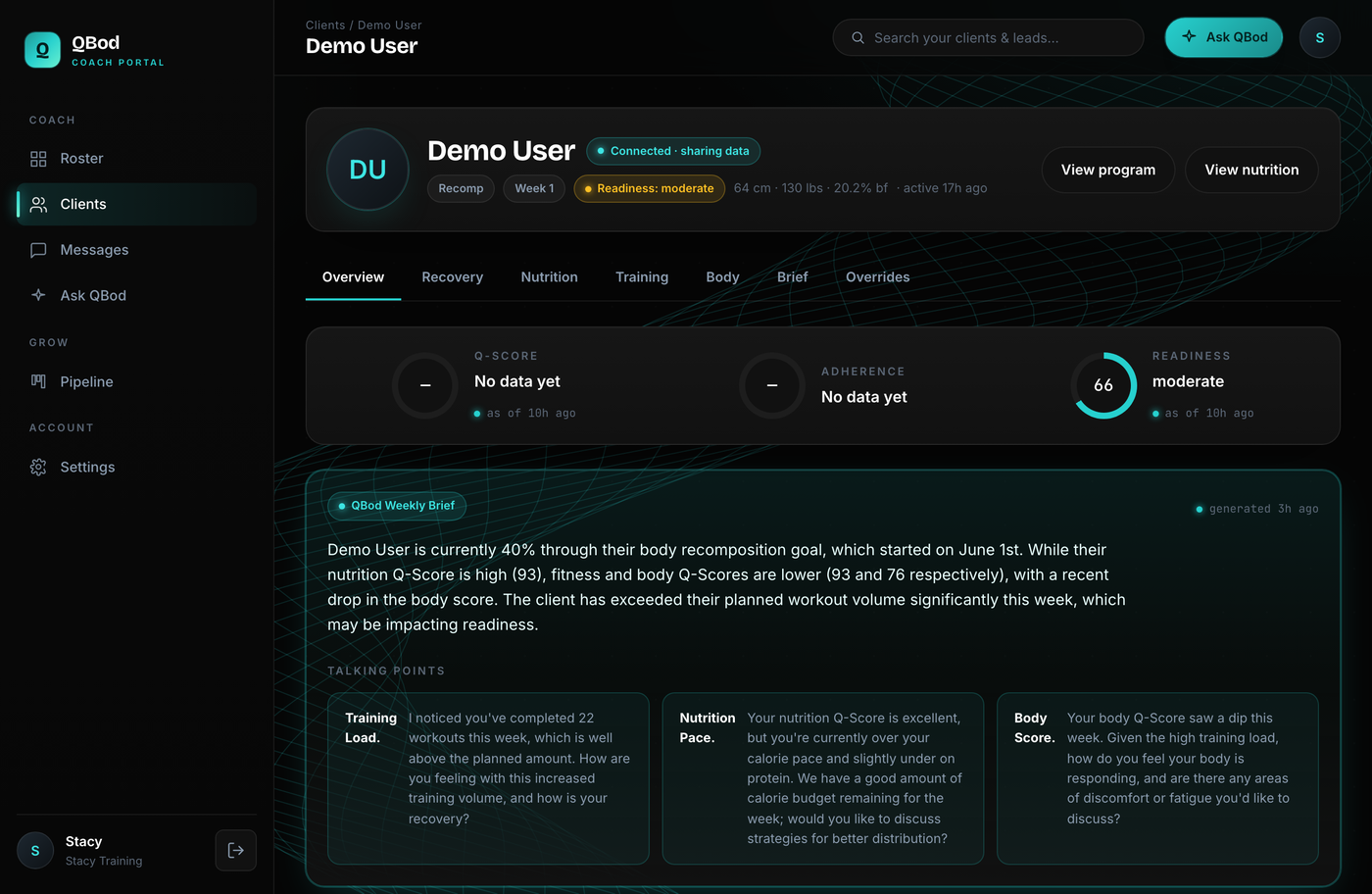 QBod client detail with recovery, nutrition, and an auto-generated weekly brief