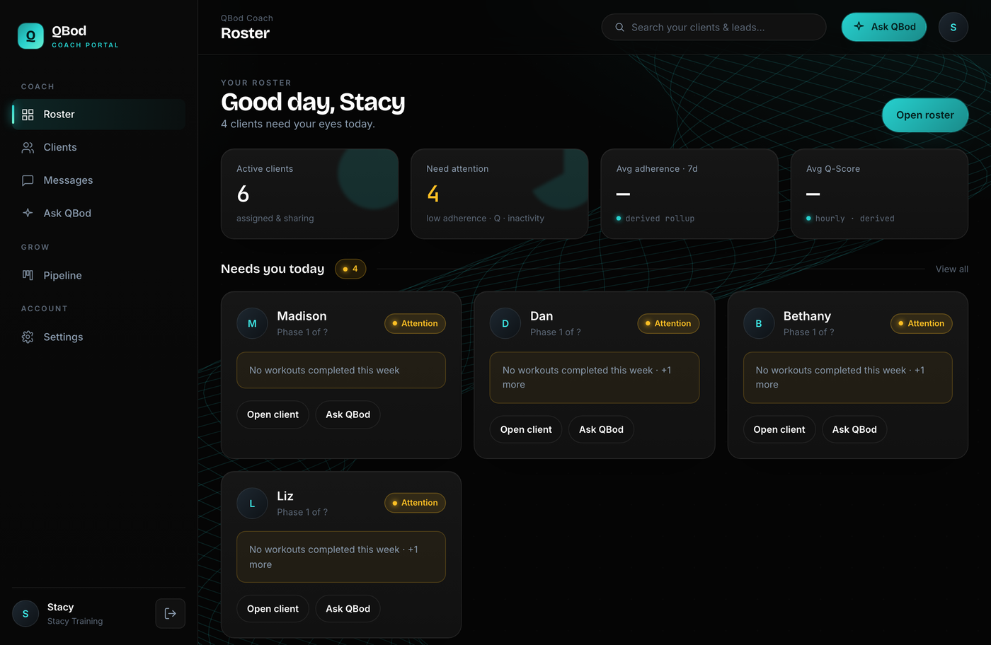 QBod trainer roster dashboard showing every client and who needs attention today