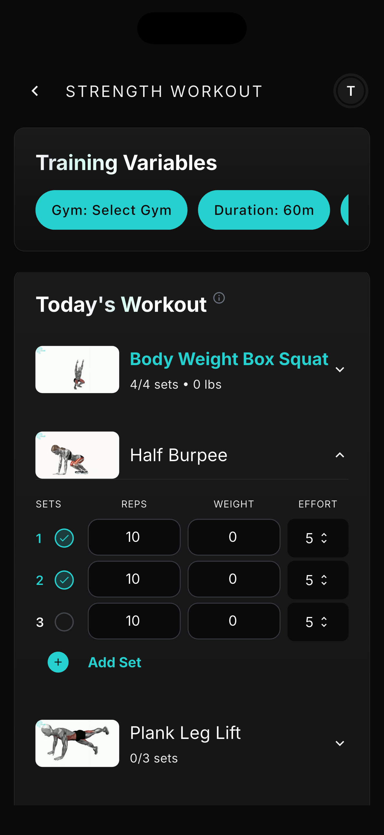 AI workout with logged sets and progressive overload tracking