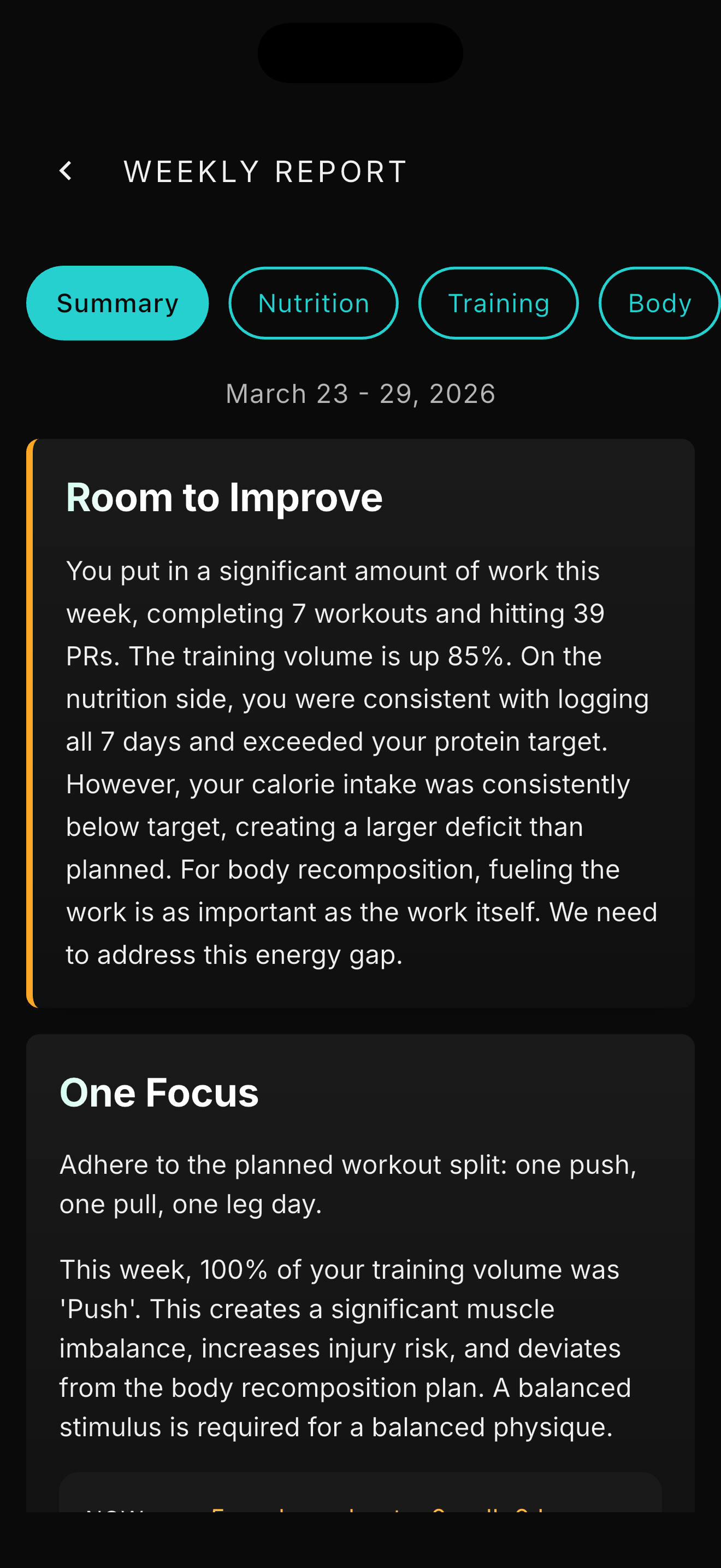 Weekly coaching intelligence report with nutrition and training analysis